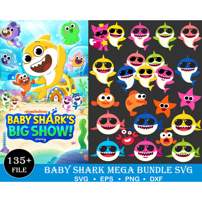 135 Baby Shark Bundle, Birthday shark svg, Layered SVG, cricut, cut files, layered digital vector file.jpg
