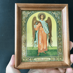 Icon of the Guardian Angel - Russian | In wooden frame with glass | Lithography icon | Size: 6" x 5"