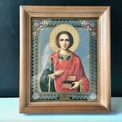 Saint Panteleimon | In wooden frame with glass | Lithography icon | Size: 6" x 5"
