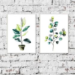 Set of 2 Prints, Wall Art Decor, Boho Prints, Botanical Print, Boho Prints, Botanical Print, Green watercolor art