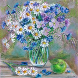 Still life bouquet with daisies, cornflowers, wildflowers and a green apple. Original oil pastel drawing 11x11''