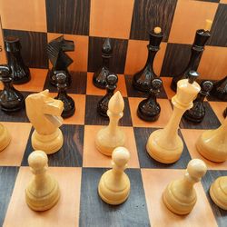 Big large (12 cm. king) wooden Soviet chess pieces Oredezh - vintage Russian chessmen USSR