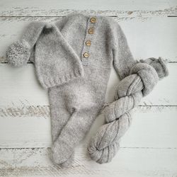 Light grey fluffy bonnet, romper, wrap. Newborn photo props