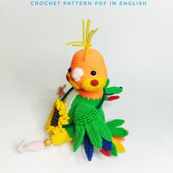 Parrot bird Willy crochet pattern pdf. Soft kid toy parrot DIY crochet pattern in english. Amigurumi parrot toy tutorial
