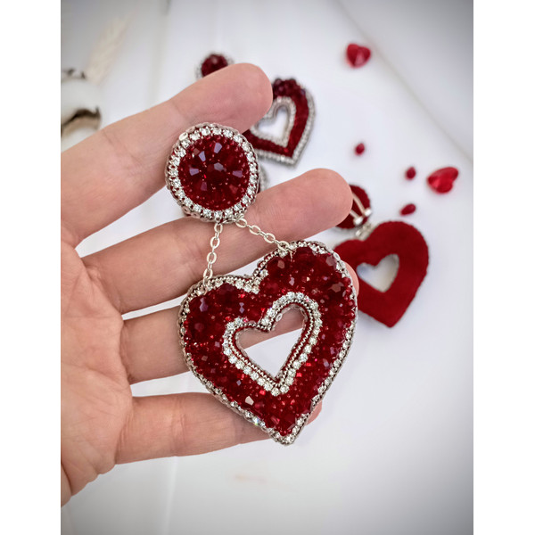 Crystal statement Red heart shaped earrings for women-big love earrings- dangle valentines earrings-heart gift for her