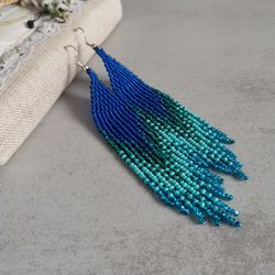 Blue green long dangle seed bead earrings Gradient ombre sparkle fringe Chandelier handmade beadwork jewelry gift women