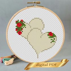 two hearts pattern pdf cross stitch, easy embroidery diy, small pattern for valentine's day