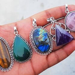 Multi Crystal Pendant Necklace Jewelry, Assorted Gemstone Handmade Pendant For Women, Wholesale Lot Chunky Pendants