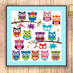Super Hero Owls Cross Stitch Pattern