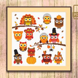 Thanksgiving Owls Cross Stitch Pattern