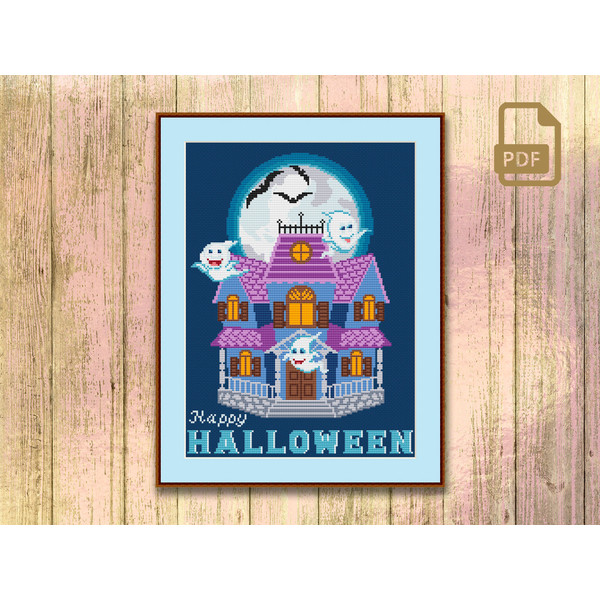 Happy Halloween Cross Stitch Pattern, Halloween Patterns, Retro Travel PatterHaunted Mansion Cross Stitch Patternn #hll_009
