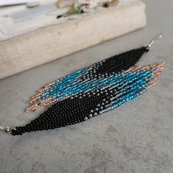 Dark long dangle seed bead earrings Gradient ombre sparkle fringe Chandelier handmade beadwork jewelry gift women