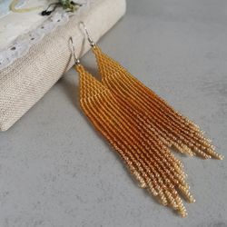 Pastel gold long dangle seed bead earrings Gradient ombre fringe Chandelier handmade beadwork jewelry gift women girl