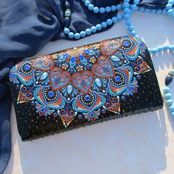 Blue long wallet, Leather zipper wallet, Painted wallet, Boho wallet, Evening clutch wallet, Credit card case for women