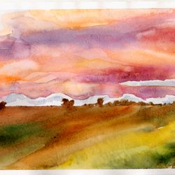 pink sunset landscape painting sunset art cozy watercolor original painting wall art pink red sky painting