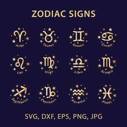 Zodiac signs bundle in black and gold in EPS, SVG, DXF, PNG, JPG formats, Zodiac, horoscope symbols, Astrology