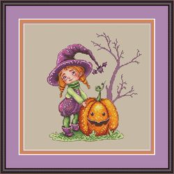 the little witch cross stitch pattern halloween cross stitch pattern pumpkin cross stitch pattern fall cross stitch