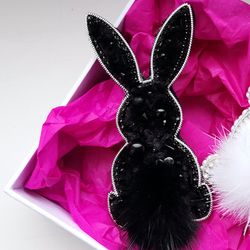 Black rabbit jewelry, Black bunny brooch, Bunny pin