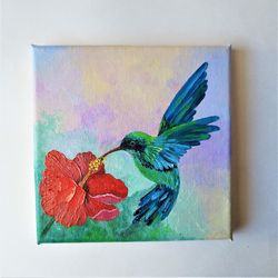 Blue bird wall art, Hummingbird canvas painting, Little bird painting, Small wall art canvas, Impasto paintings for sale