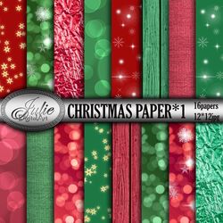 Christmas background Christmas digital paper Red and green digital paper, Foil, bokeh, snowflakes and wood background