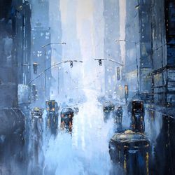 new york painting "rain city" original painting on canvas, modern city painting original art by "walperion paintings"