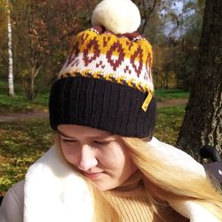 Warm jacquard knitted pompom hat