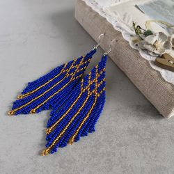 Navy blue and gold long fringe seed bead earrings Dangle boho earrings Chandelier handmade beadwork jewelry gift women
