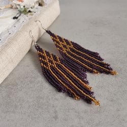 purple and gold long fringe seed bead earrings dangle boho earrings chandelier handmade beadwork jewelry gift women