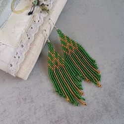 Green and gold long fringe seed bead earrings Dangle boho earrings Chandelier handmade beadwork jewelry gift women