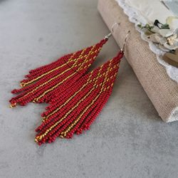 Red and gold long fringe seed bead earrings Dangle boho earrings Chandelier handmade beadwork jewelry gift women