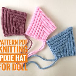 Pattern PDF pixie hat doll, pixie bonnet for doll, knitted pattern pixie hat doll 13-14 inch, Bonnet for baby doll,