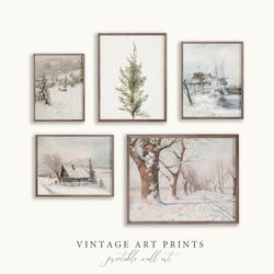 Winter Print Set | Neutral Vintage Winter Painting | Rustic Winter Oil Painting | Vintage Landscape Wall Art Decor |  1