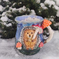 Larg Art mug Cute hedgehog figurine Mushrooms amanita muscaria decor Beautiful handmade mug Ceramic sculpture mom gift