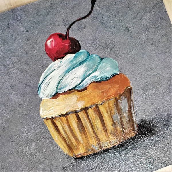 Acrylic-painting-still-life-dessert-cake-with-cream-and-cherry-1