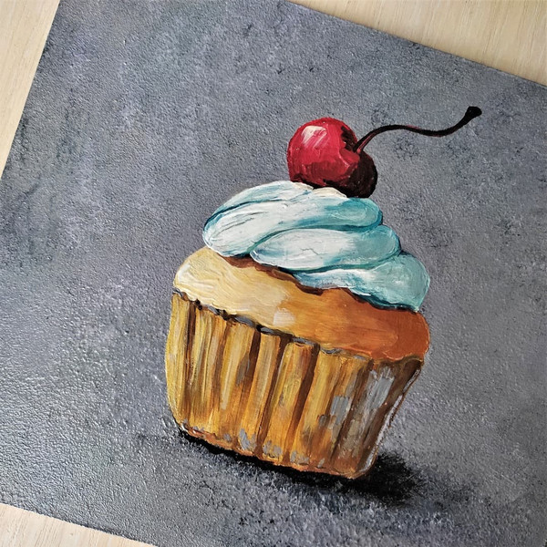 Acrylic-painting-still-life-dessert-cake-with-cream-and-cherry-1