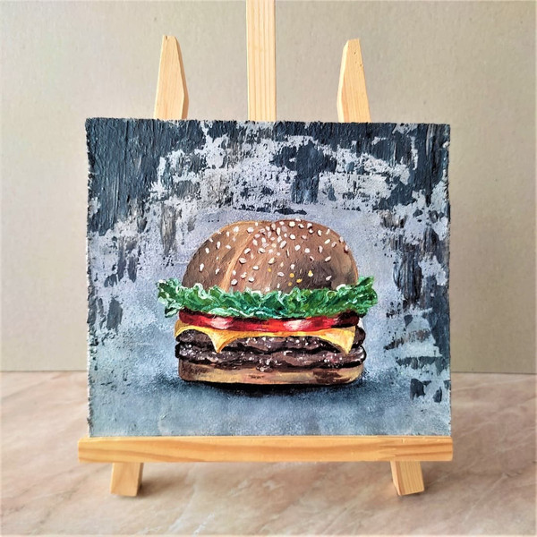 Acrylic-painting-still-life-cheeseburger-1