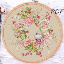 cross stitch pattern wreath of roses and berries - cross stitch pattern design for embroidery pdf