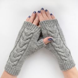 Grey wool cable finger less gloves for women, handmade, hand knitted, wool arm warmers