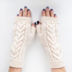 White wool cable finger less gloves for women, handmade, hand knitted, wool arm warmers