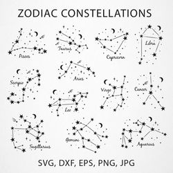 Zodiac constellations bundle in black, white and gold in EPS, SVG, DXF, PNG, JPG formats, Zodiac, Horoscope, Astrology