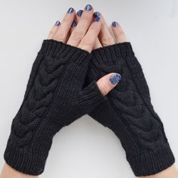 Black wool cable finger less gloves for women, handmade, hand knitted, wool arm warmers