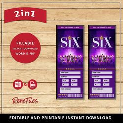 six the musical printable surprise ticket. editable musical theatre faux event admission souvenir keepsake. pdf instant