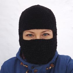 Fluffy balaclava ski mask crochet. Black balaclava full face mask. Velvet balaclava hand knit. Plush helmet hat unisex