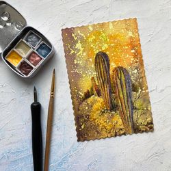 Saguaro cactus art Desert Original painting Arizona Small watercolor card Gift artwork Rubinova