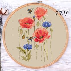Embroidery designs bumblebees in poppies and cornflowers