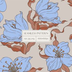 Vector seamless pattern with blue flowers. Digital paper with flowers