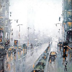 New York Painting "RAINY TWILIGHT" Original Oil Painting on Canvas, Modern Oversize Painting by "Walperion Paintings"