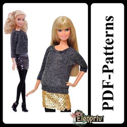 pdf pattern pulover-bat with sequined skirt for 11 1/2" fr2 pivotal, repro, made-to-move, silkstone barbie dolls