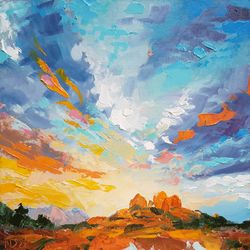 Sedona mountain original oil painting Southwest Landscape wall art Scyscape artwork Cloud art 8"by8"