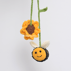 bee hanging charm, sunflower rear view mirror, bumblebee car accessories for women Mothers day gift by KnittedToysKsu